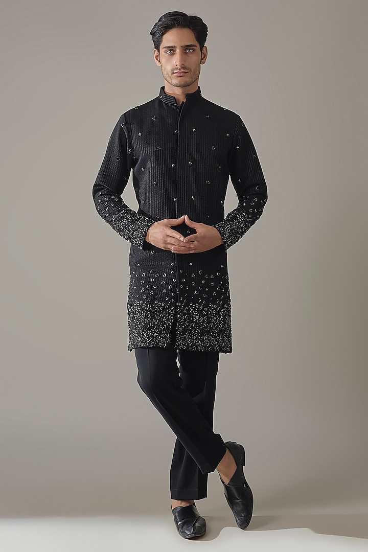 Black Japenese Rayon Cutdana Embroidered Kurta Set by Abees at Pernia's Pop Up Shop