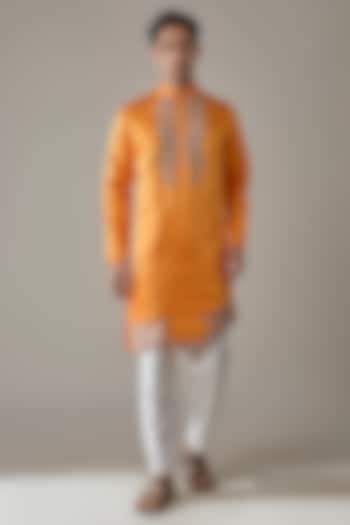 Orange Linen Silk Thread Embroidered Kurta Set by Abees at Pernia's Pop Up Shop