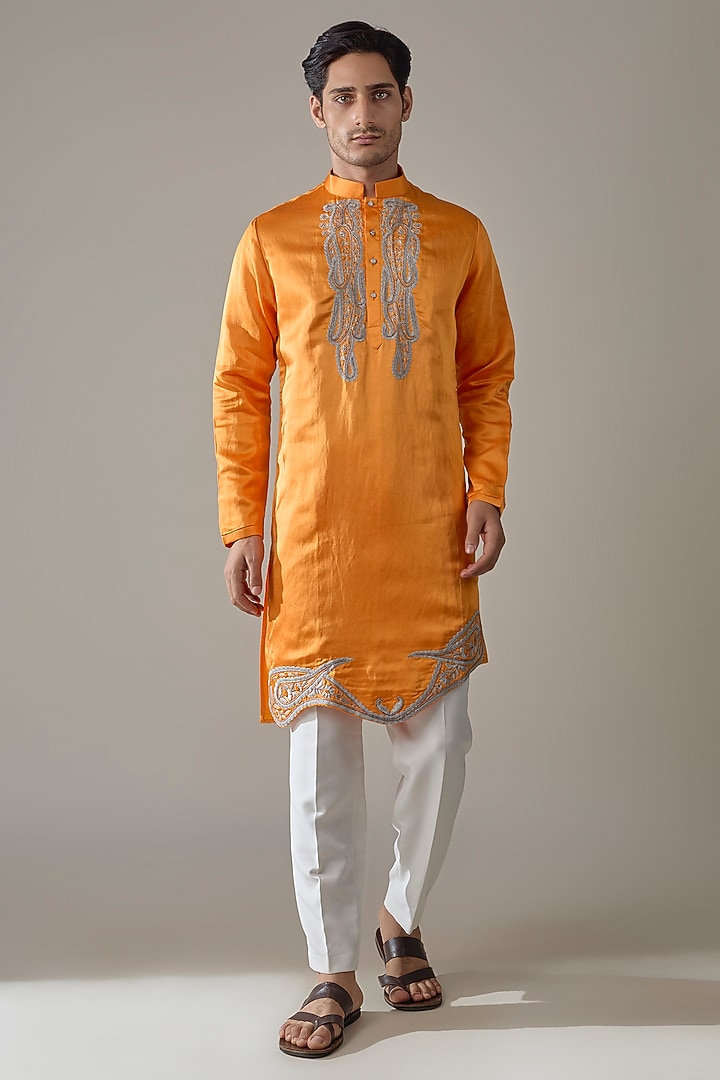 Orange Linen Silk Thread Embroidered Kurta Set by Abees at Pernia's Pop Up Shop