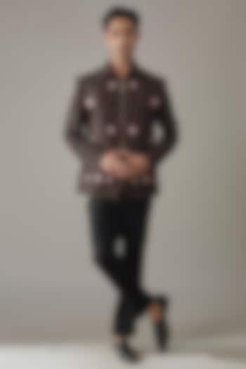 Brown Jute Japanese Rayon Thread Embroidered Bomber Jacket by Abees at Pernia's Pop Up Shop