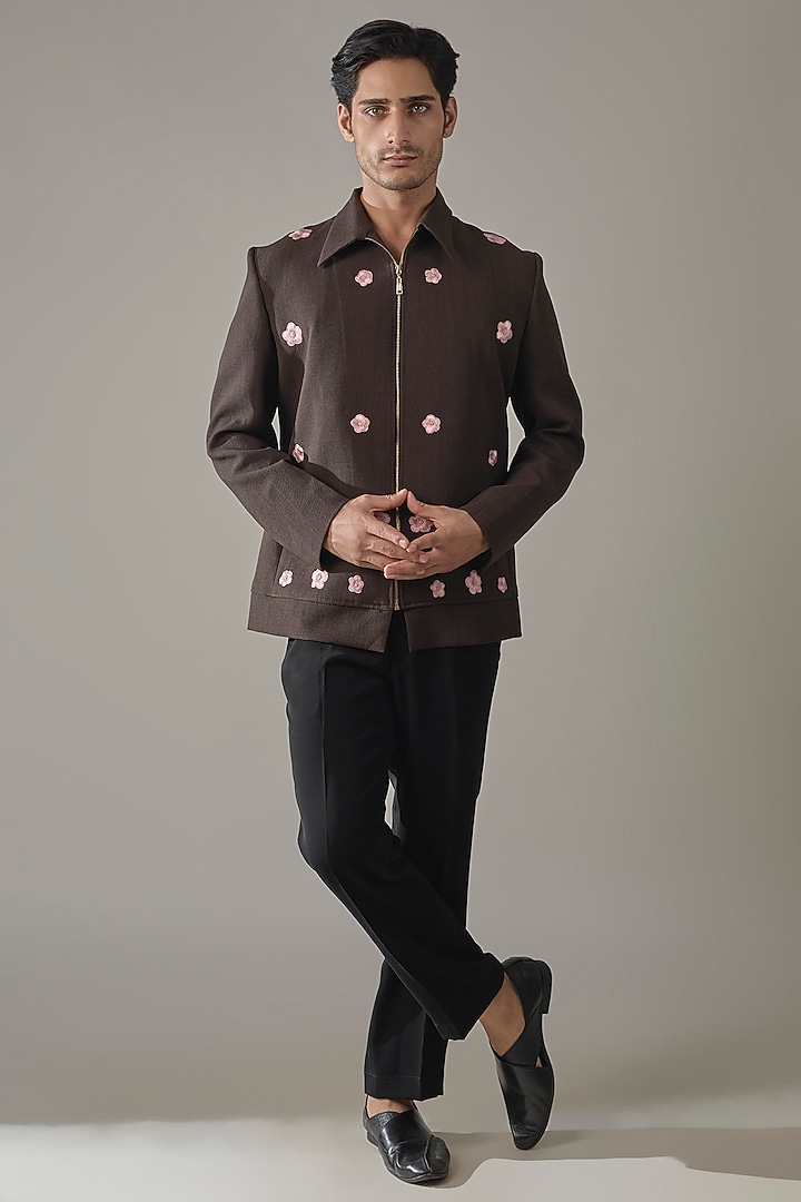 Brown Jute Japanese Rayon Thread Embroidered Bomber Jacket by Abees at Pernia's Pop Up Shop