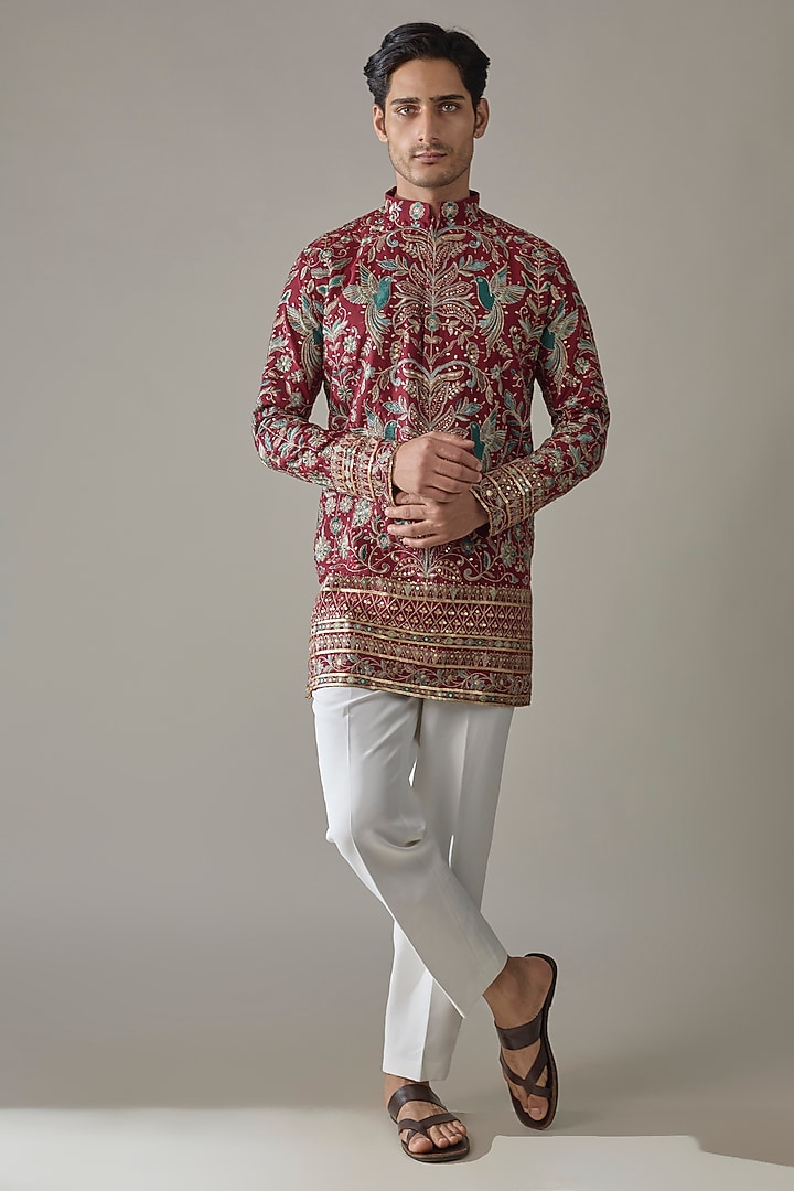 Maroon Cotton Zari Embroidered Short Kurta Set by Abees at Pernia's Pop Up Shop