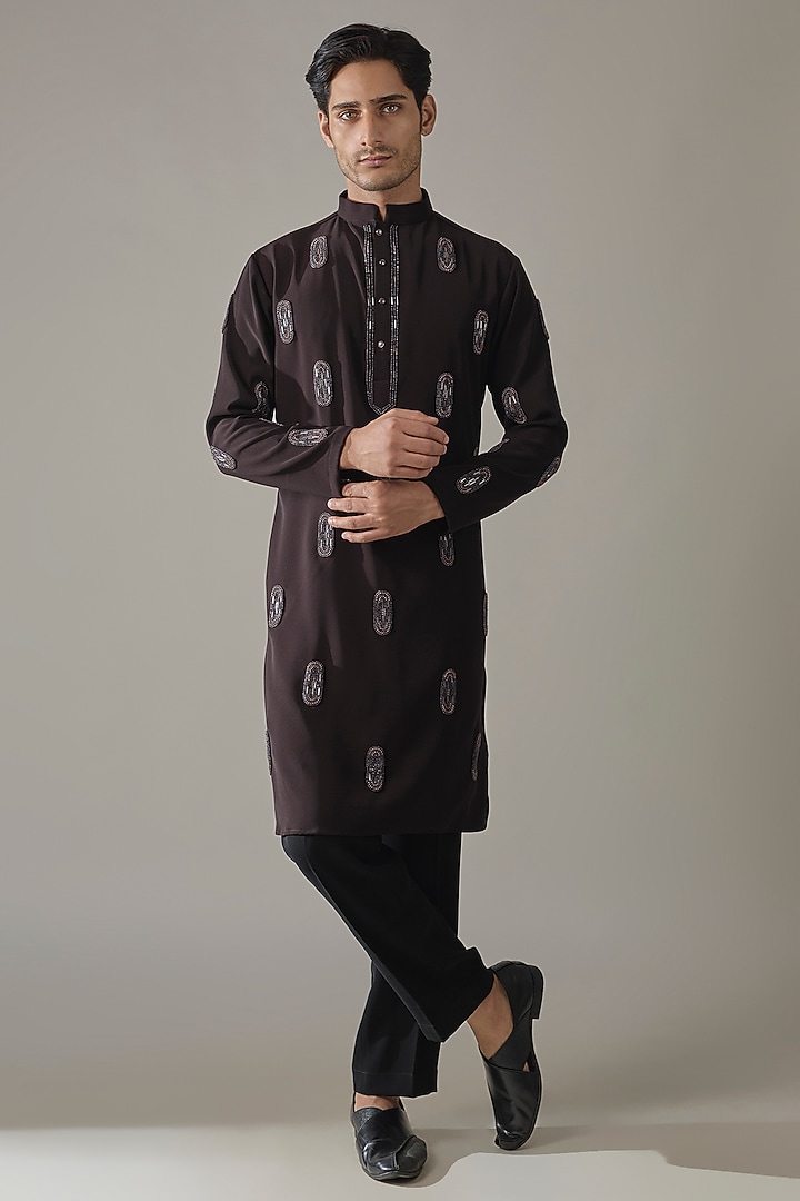 Brown Japanese Rayon Cutdana Embroidered Kurta Set by Abees at Pernia's Pop Up Shop
