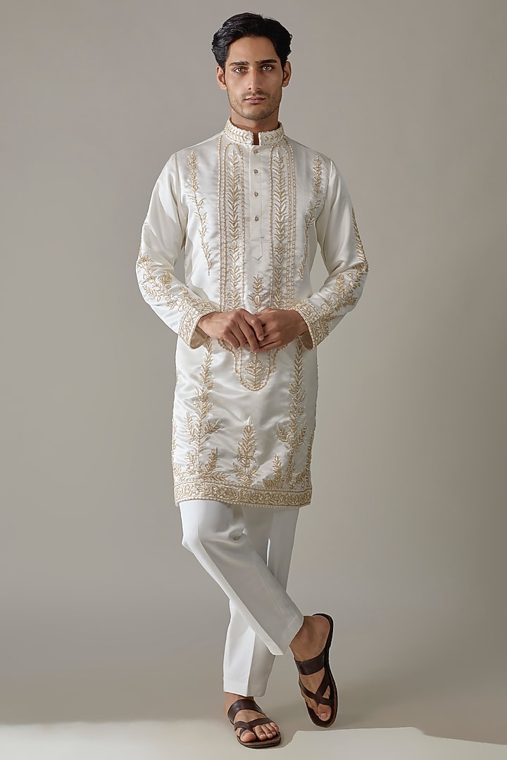 Ivory Silk Hand Embroidered Kurta Set by Abees at Pernia's Pop Up Shop