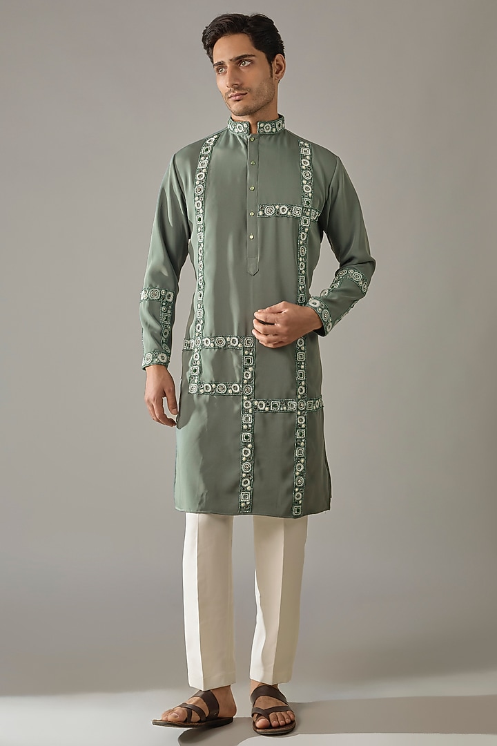Olive Green Japanese Rayon Hand Embroidered Kurta Set by Abees at Pernia's Pop Up Shop