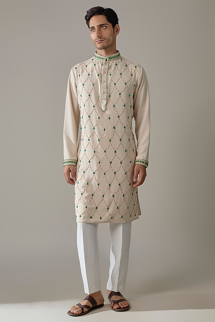 Cream Japanese Rayon Hand Embroidered Kurta Set by Abees at Pernia's Pop Up Shop