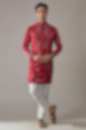 Red Tissue Silk Mirror Work Kurta Set by Abees at Pernia's Pop Up Shop