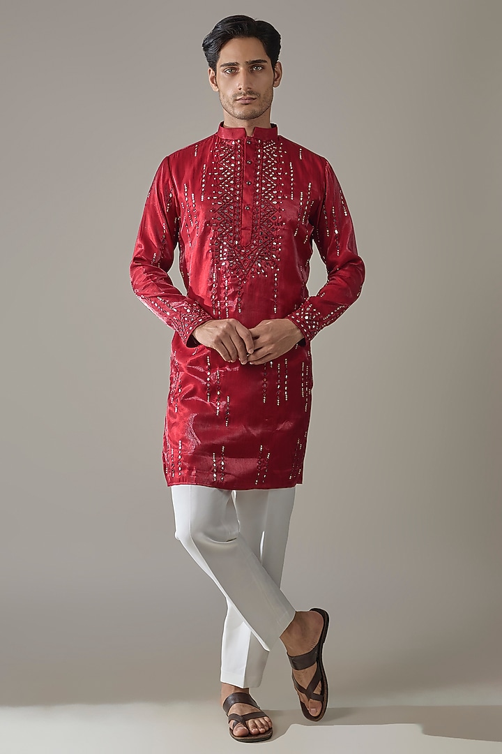 Red Tissue Silk Mirror Work Kurta Set by Abees at Pernia's Pop Up Shop