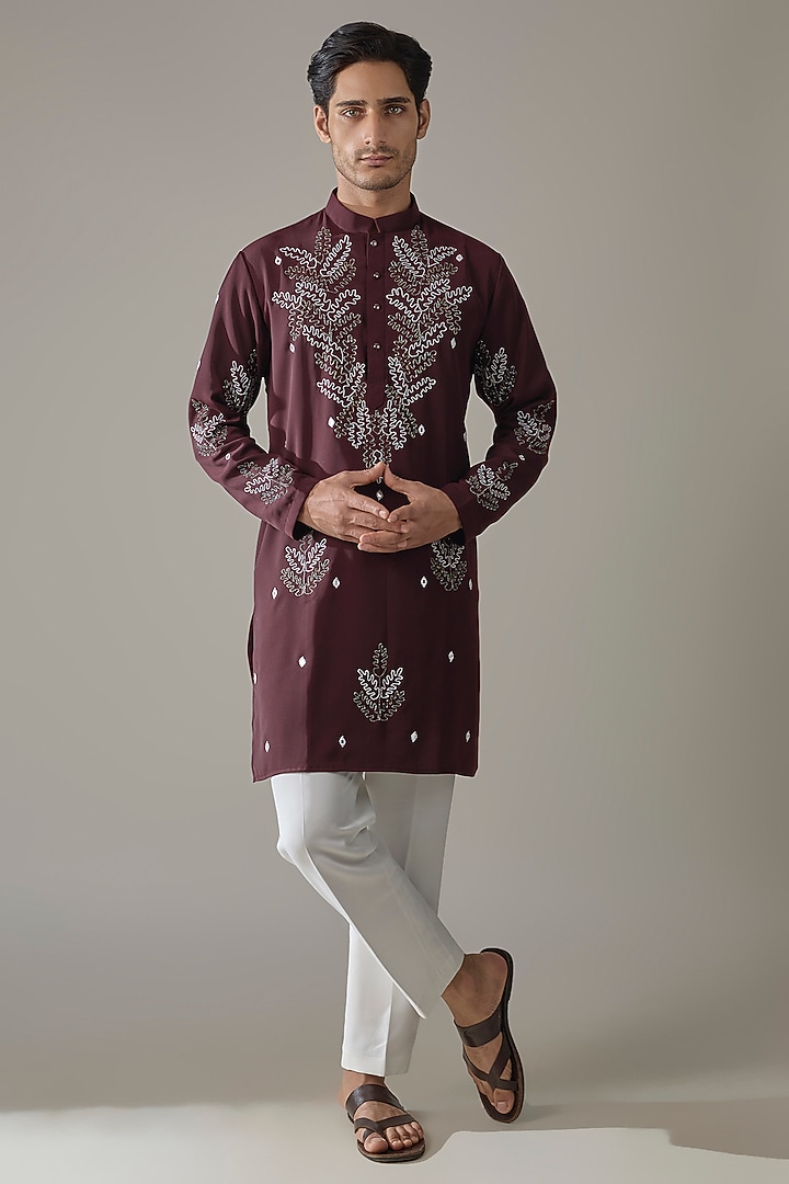 Maroon Japanese Rayon Cutdana Embroidered Kurta Set by Abees at Pernia's Pop Up Shop
