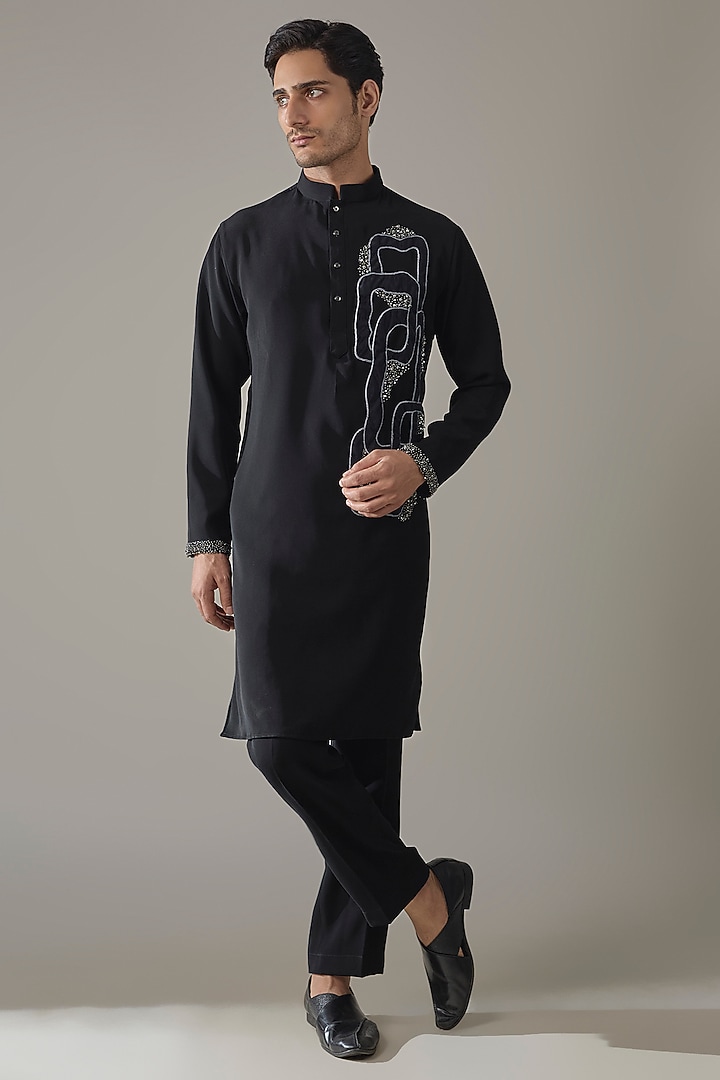 Black Japanese Rayon Hand Embroidered Kurta Set by Abees at Pernia's Pop Up Shop
