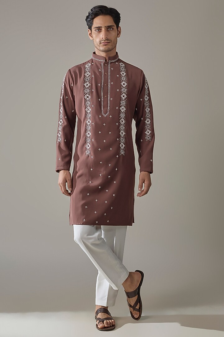 Dark Mauve Japanese Rayon Hand Embroidered Kurta Set by Abees at Pernia's Pop Up Shop