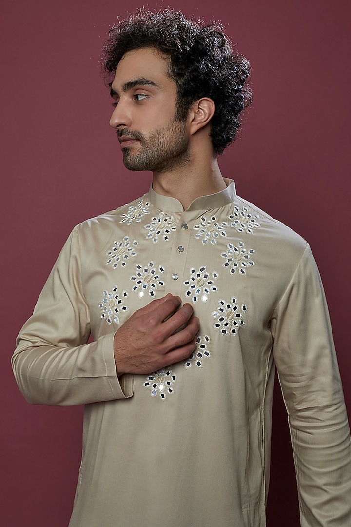 Beige Cotton Mirror Hand Work Kurta Set by Abees at Pernia's Pop Up Shop