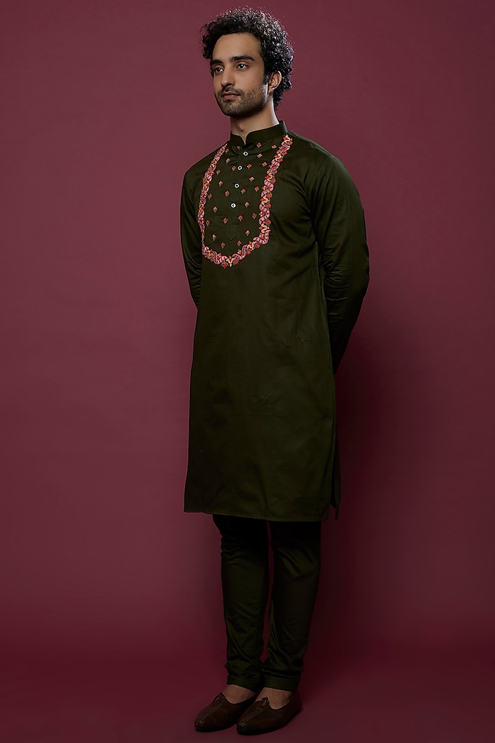 Bottle Green Embroidered Kurta Set by Abees