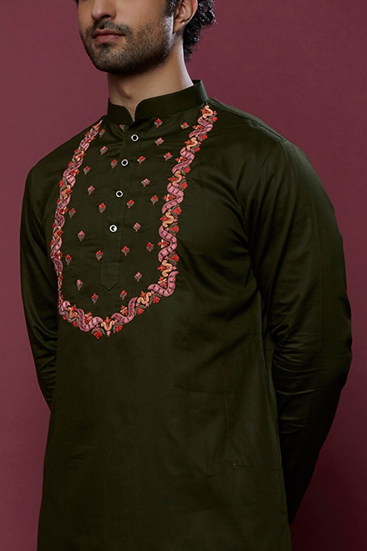 Bottle Green Pure Cotton Hand Work Kurta Set by Abees at Pernia's Pop Up Shop