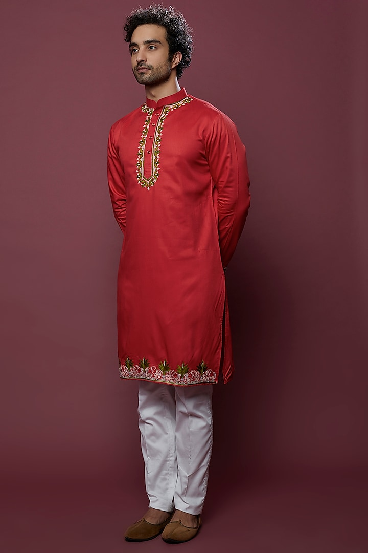 Tomato Red Embroidered Kurta Set by Abees