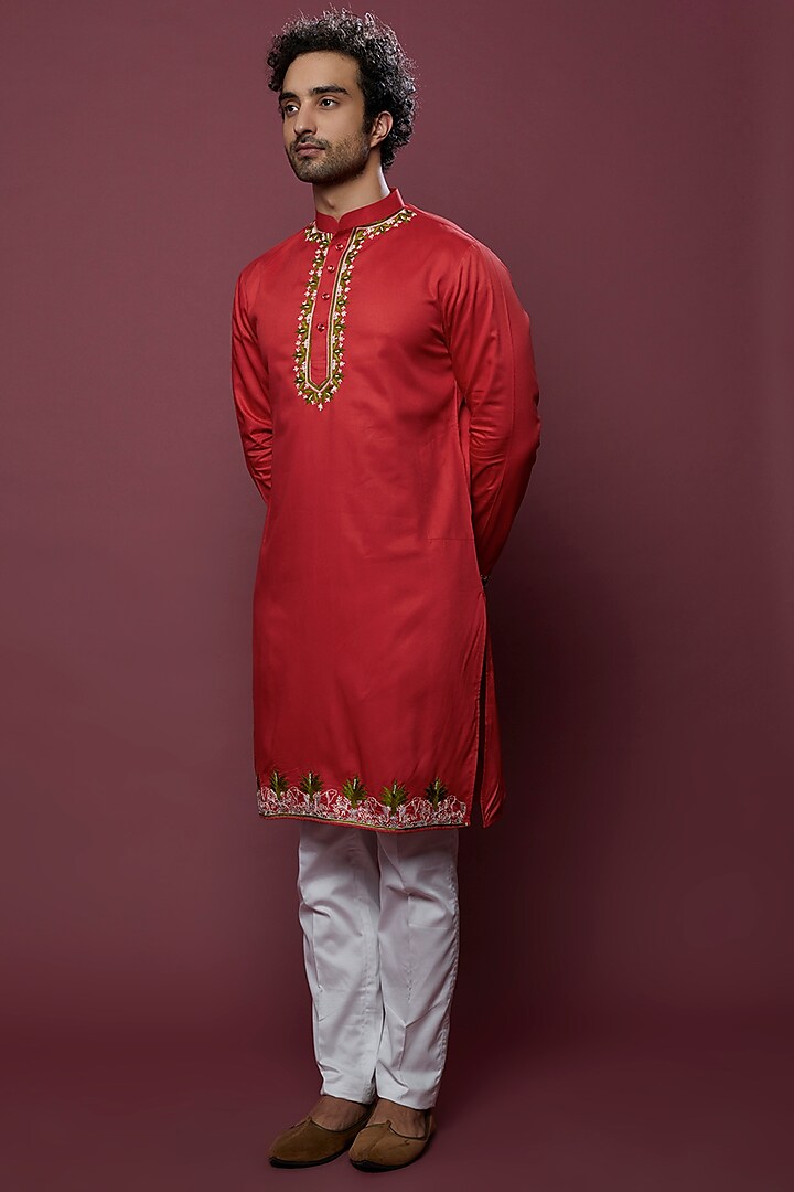 Tomato Red Embroidered Kurta Set by Abees at Pernia's Pop Up Shop