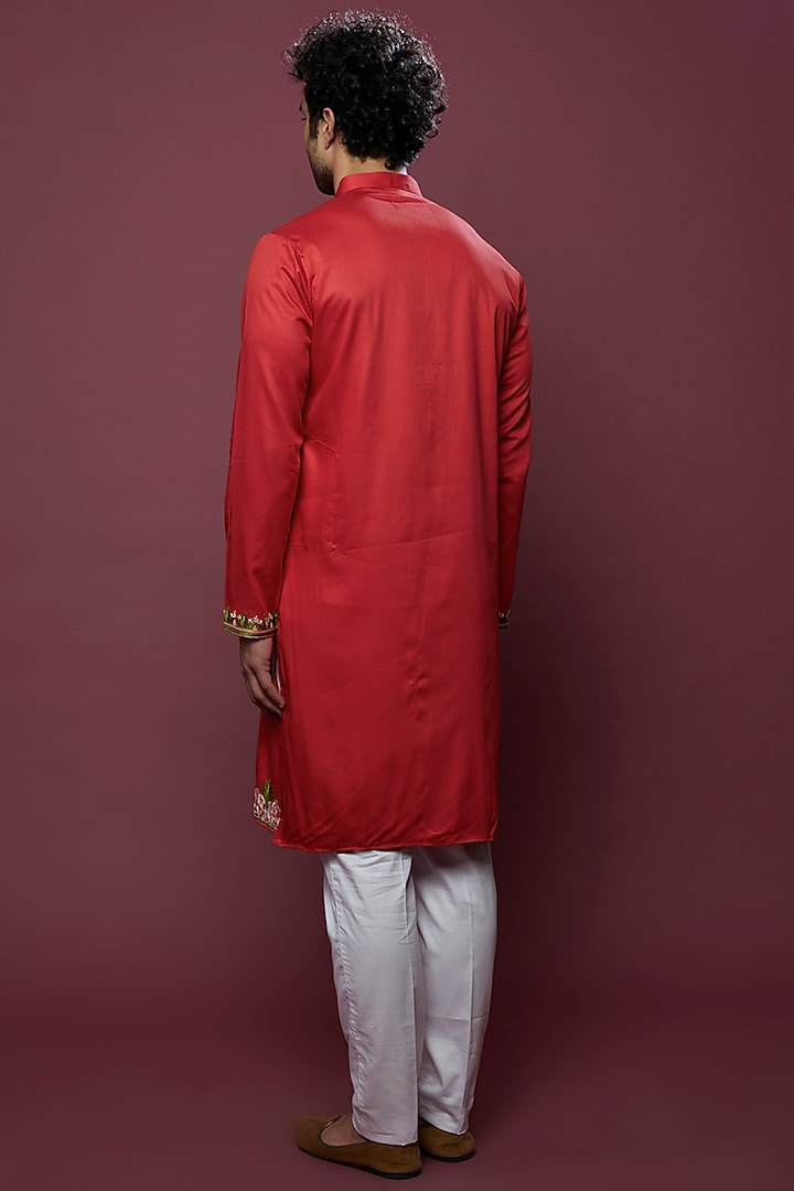 Tomato Red Pure Cotton Embroidered Kurta Set by Abees at Pernia's Pop Up Shop