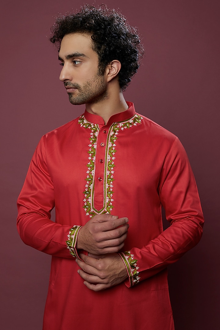 Tomato Red Pure Cotton Embroidered Kurta Set by Abees at Pernia's Pop Up Shop