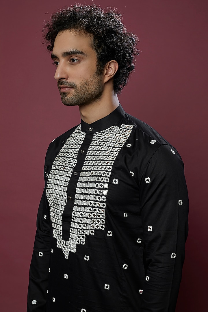Black Pure Cotton Mirror Embroidered Kurta Set by Abees at Pernia's Pop Up Shop