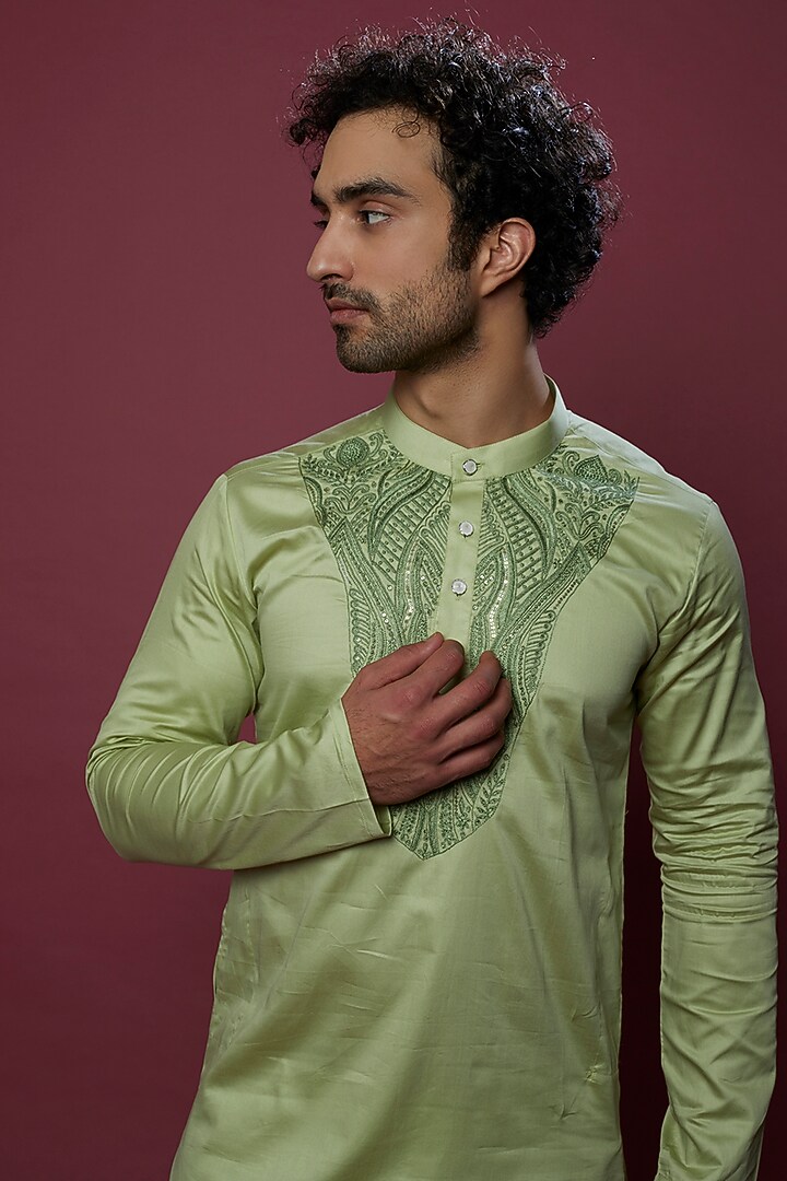 Mint Green Cotton Thread Embroidered Kurta Set by Abees at Pernia's Pop Up Shop
