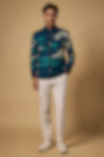 Green Japanese Rayon Resham Embroidered Bomber Jacket Set by Abees at Pernia's Pop Up Shop