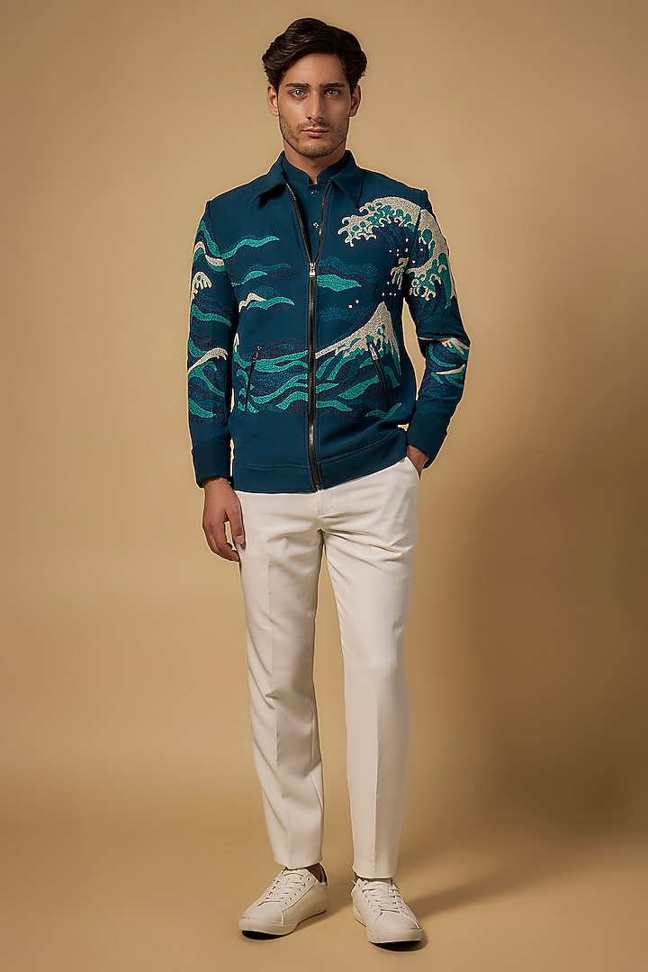 Green Japanese Rayon Resham Embroidered Bomber Jacket Set by Abees at Pernia's Pop Up Shop