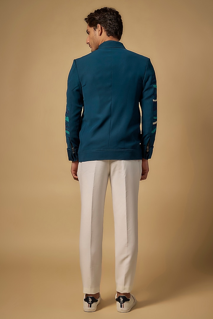 Green Japanese Rayon Resham Embroidered Bomber Jacket Set by Abees at Pernia's Pop Up Shop