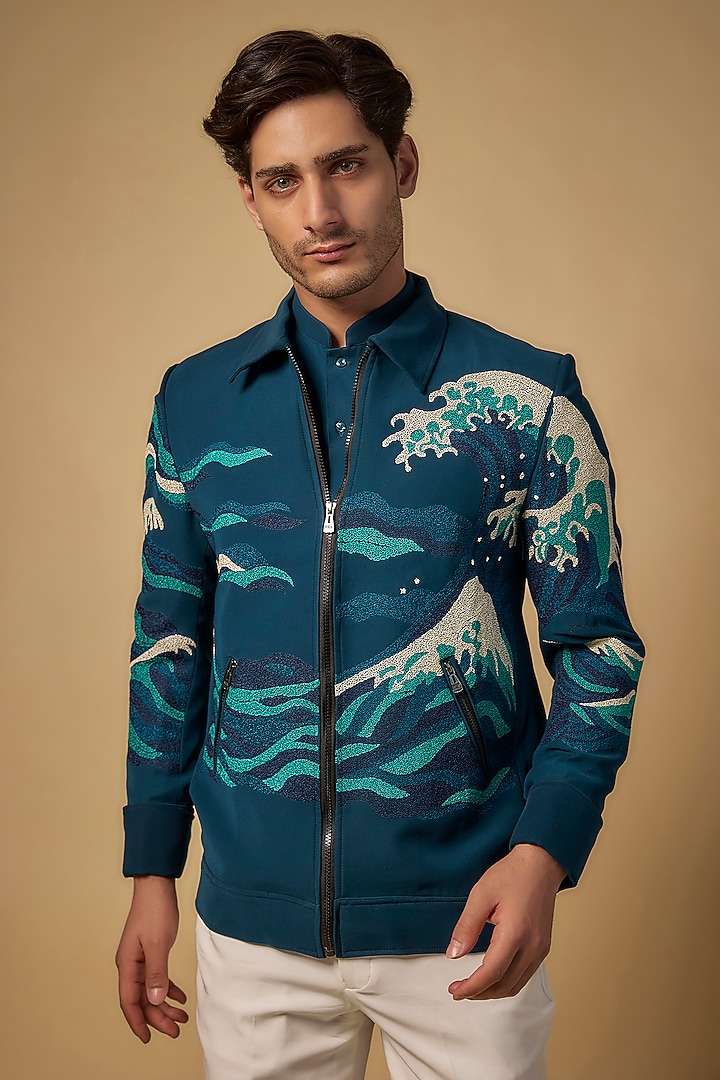 Green Japanese Rayon Resham Embroidered Bomber Jacket Set by Abees at Pernia's Pop Up Shop