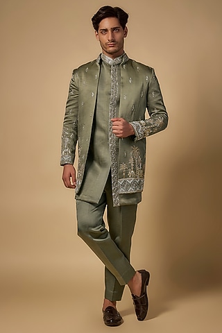 Green Linen Silk Zari Handwork Open Sherwani Set by Abees 