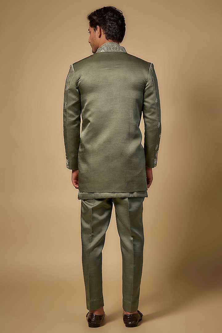 Green Linen Silk Zari Handwork Open Wedding Sherwani Set by Abees at Pernia's Pop Up Shop