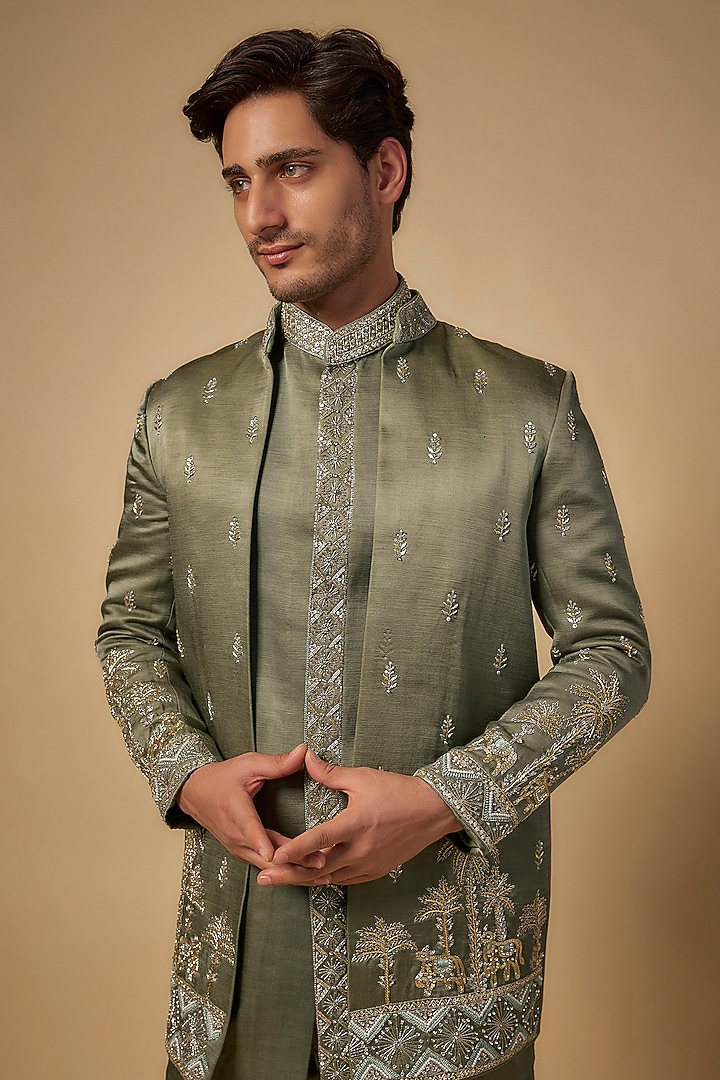 Green Linen Silk Zari Handwork Open Wedding Sherwani Set by Abees at Pernia's Pop Up Shop
