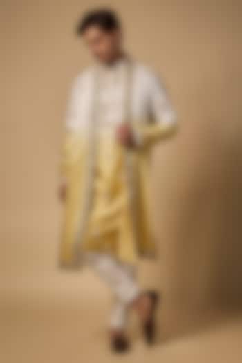 Gold-White Ombre Linen Silk Mirror Cutwork Kurta Set by Abees  at Pernia's Pop Up Shop