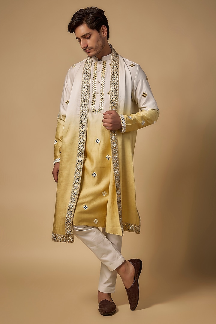 Gold-White Ombre Linen Silk Mirror Cutwork Kurta Set by Abees  at Pernia's Pop Up Shop