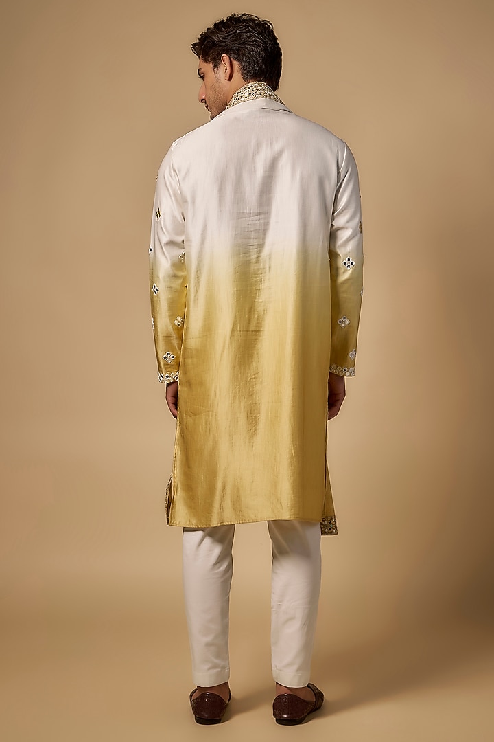 Gold-White Ombre Linen Silk Mirror Cutwork Kurta Set by Abees at Pernia's Pop Up Shop
