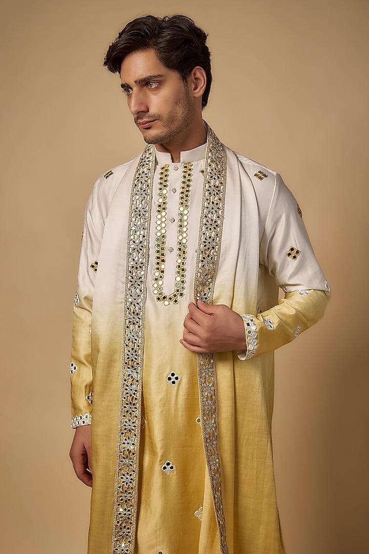 Gold-White Ombre Linen Silk Mirror Cutwork Kurta Set by Abees at Pernia's Pop Up Shop