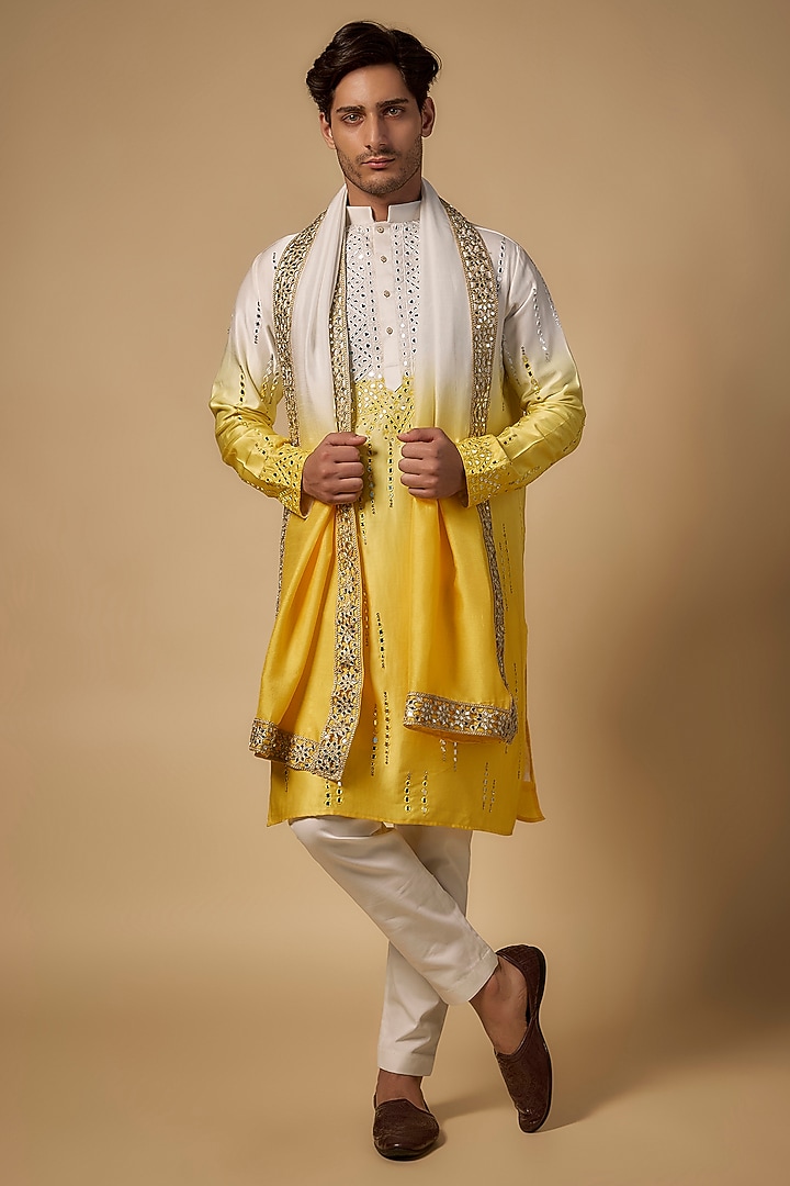 Yellow-White Ombre Linen Silk Mirror Cutwork Kurta Set by Abees  at Pernia's Pop Up Shop