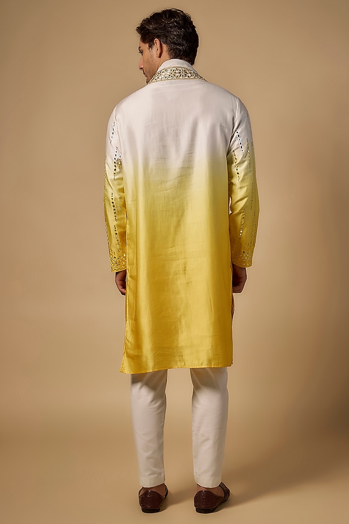 Yellow-White Ombre Linen Silk Mirror Cutwork Kurta Set by Abees  at Pernia's Pop Up Shop