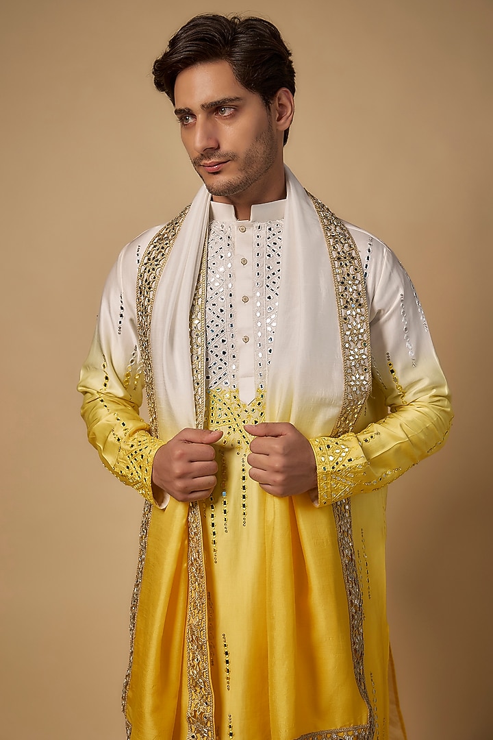 Yellow-White Ombre Linen Silk Mirror Cutwork Kurta Set by Abees  at Pernia's Pop Up Shop
