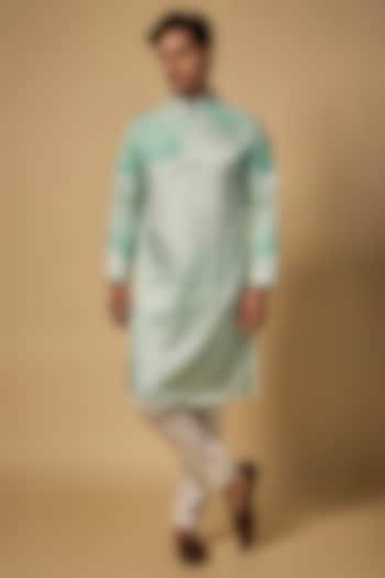 Sea Green Linen Silk Thread Embroidered Kurta Set by Abees  at Pernia's Pop Up Shop