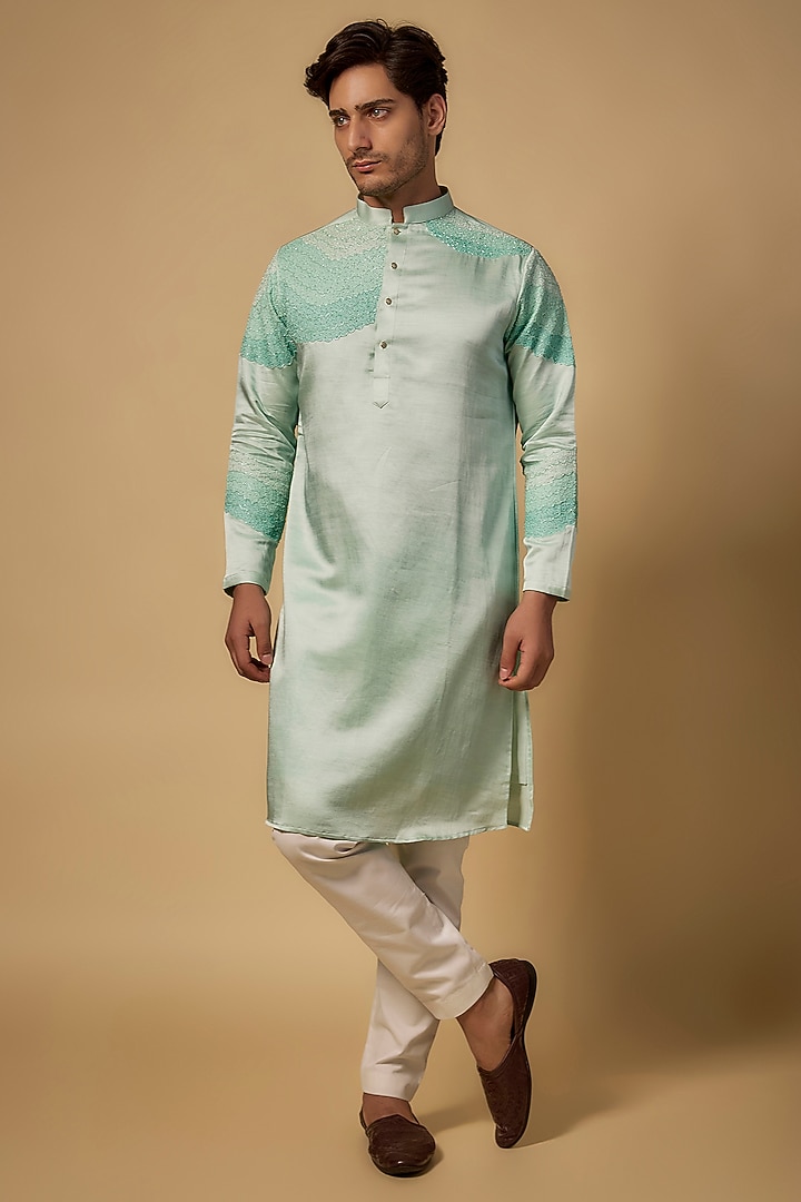 Sea Green Linen Silk Thread Embroidered Kurta Set by Abees  at Pernia's Pop Up Shop