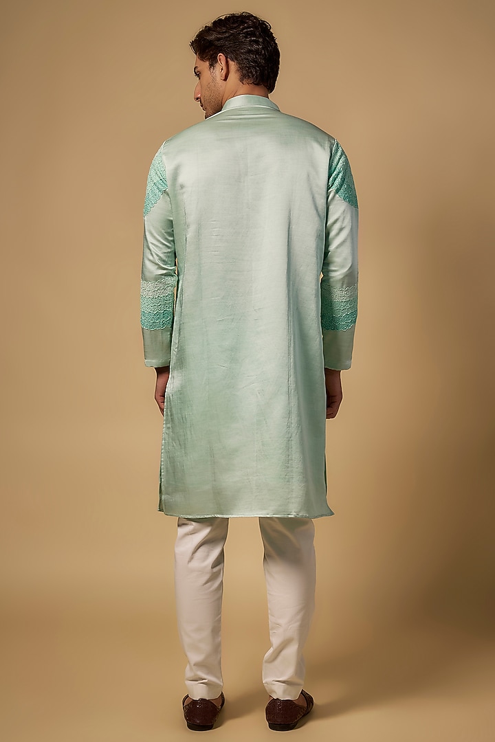 Sea Green Linen Silk Thread Embroidered Kurta Set by Abees at Pernia's Pop Up Shop