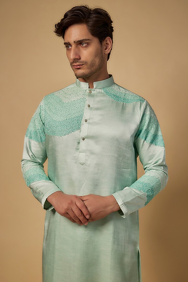 Sea Green Linen Silk Thread Embroidered Kurta Set by Abees at Pernia's Pop Up Shop
