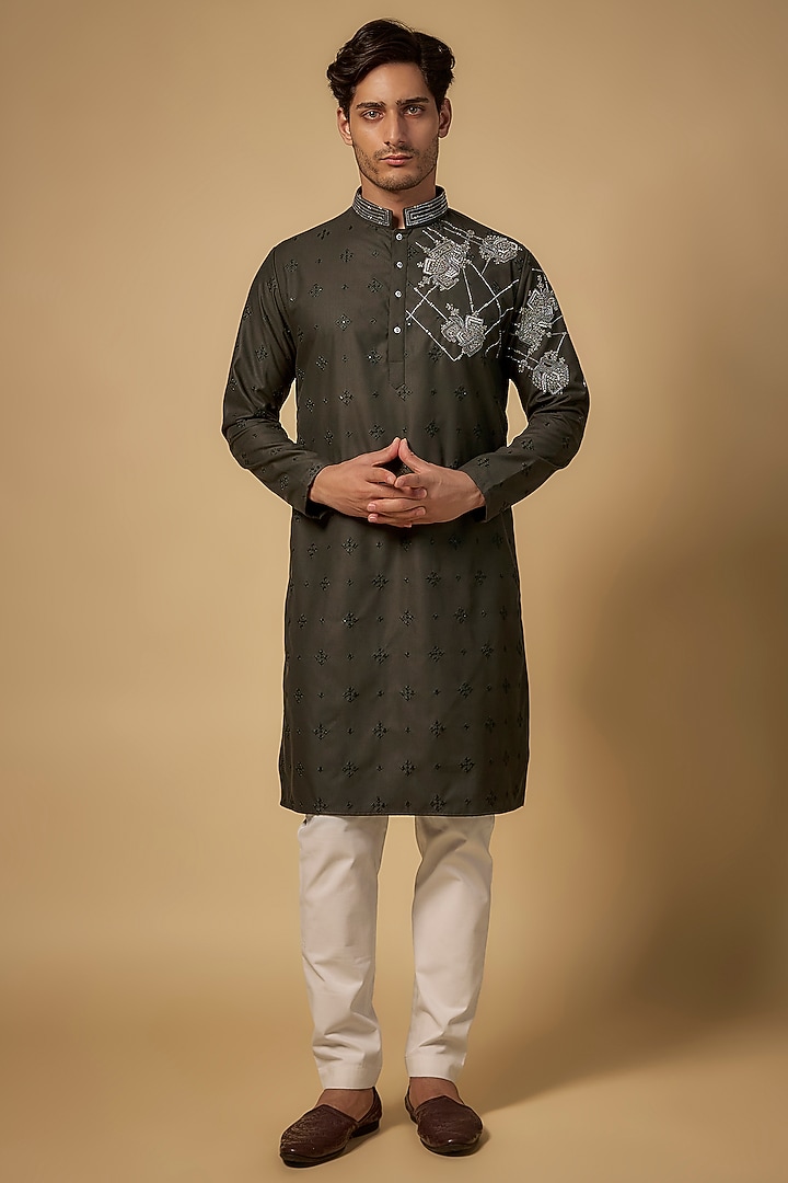 Green Cotton Silk Blend Printed & Embroidered Kurta Set by Abees  at Pernia's Pop Up Shop