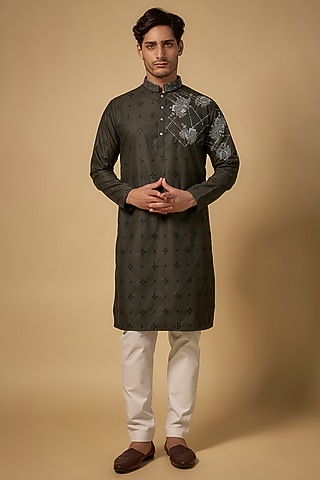 Green Cotton Silk Blend Printed & Embroidered Kurta Set by Abees 