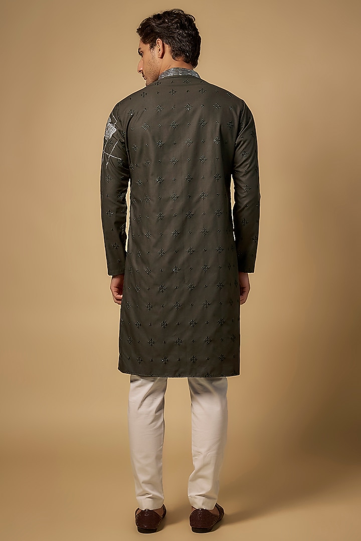 Green Cotton Silk Blend Printed & Embroidered Kurta Set by Abees at Pernia's Pop Up Shop