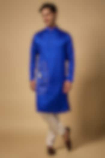 Royal Blue Linen Silk Hand Embroidered Kurta Set by Abees  at Pernia's Pop Up Shop