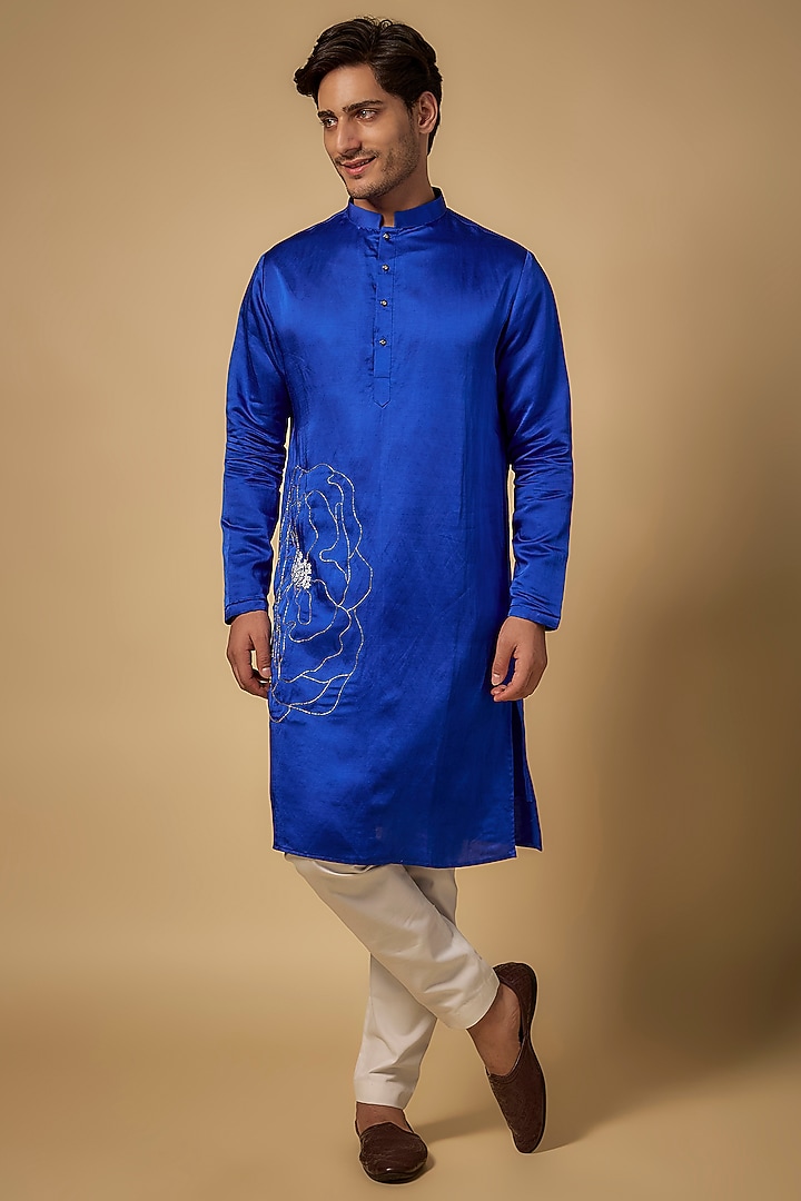 Royal Blue Linen Silk Hand Embroidered Kurta Set by Abees  at Pernia's Pop Up Shop