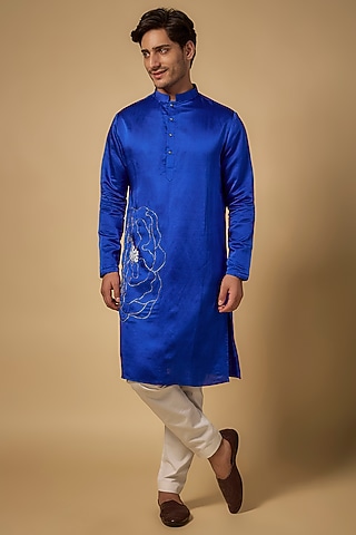 Royal Blue Linen Silk Hand Embroidered Kurta Set by Abees 