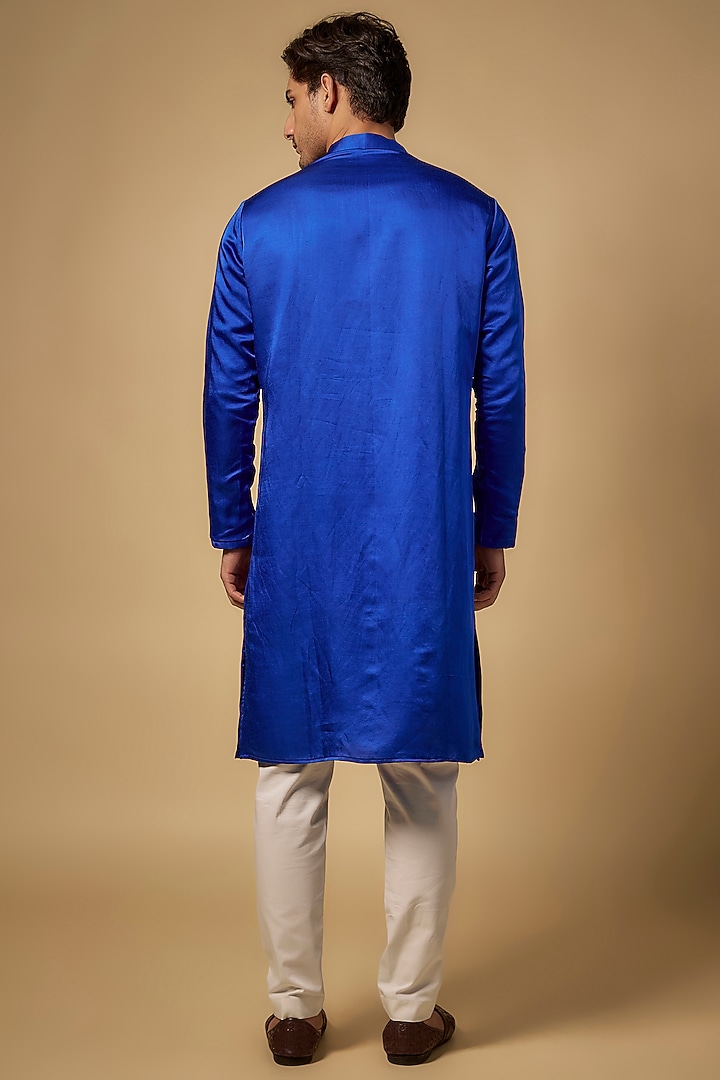 Royal Blue Linen Silk Hand Embroidered Kurta Set by Abees at Pernia's Pop Up Shop