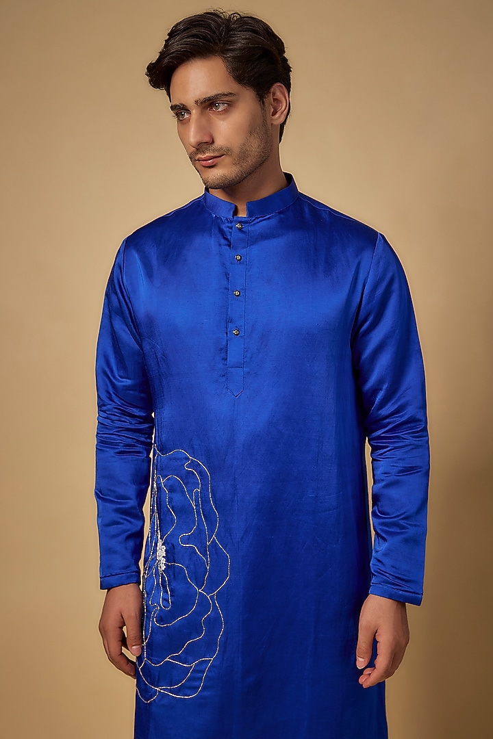 Royal Blue Linen Silk Hand Embroidered Kurta Set by Abees at Pernia's Pop Up Shop